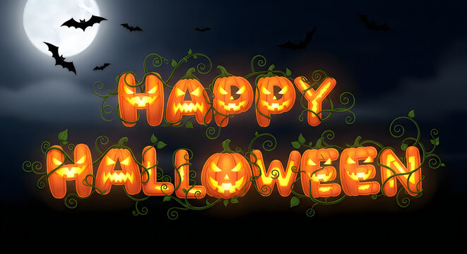 Glowing happy hallowen text design with spooky bats and full moon night background