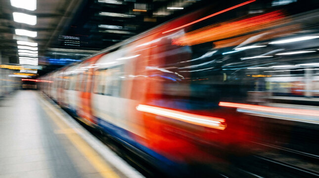 Fast moving subway train passing through a station platform with motion blur and dynamic light trails in urban public transit