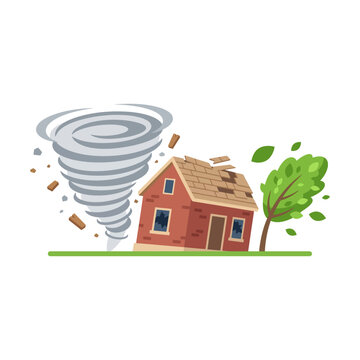 A destructive tornado hitting a house and blowing away a tree in a powerful storm Vector