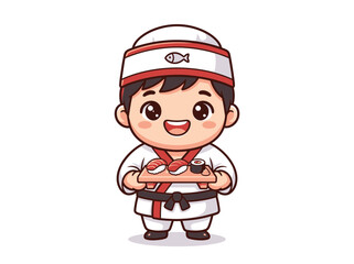 Obraz premium Cartoon sushi chef holding fresh fish.