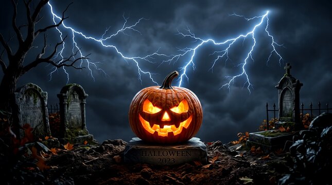 Carved glowing Halloween pumpkin sits on a cemetery gravestone under a dramatic lightning storm at night with eerie clouds