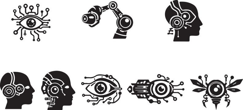 Collection of cybernetic eyes and robot sensors for vision enhancements set.