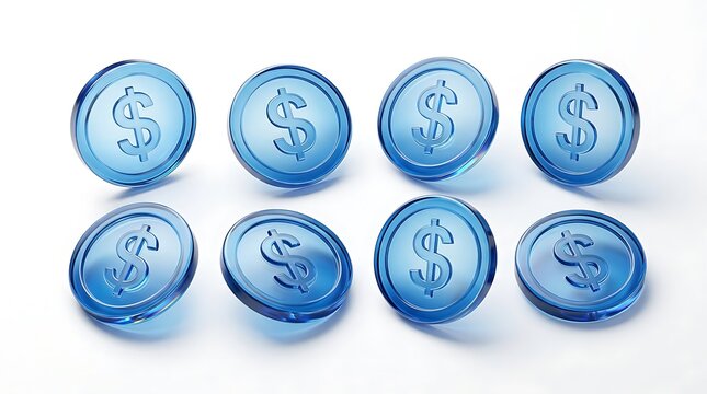 A group of transparent blue coins with a dollar sign embossed on them, arranged in a formation on a white surface