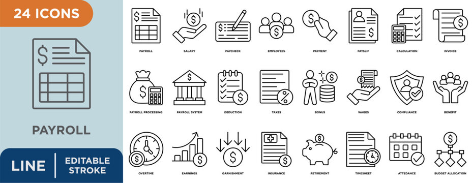Payroll line icon set with editable stroke for  salary, paycheck, employees, payment, payslip, calculation, invoice, payroll processing