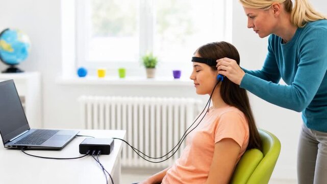 Technician adjusts a brainwave monitoring headset on a seated young participant beside a laptop