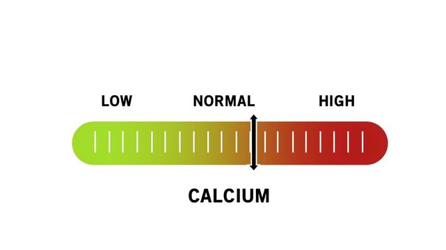 Dynamic calcium level indicator gauge animation featuring a sliding scale moving from low to normal and ranges for medical health diagnostics, nutritional analysis, and biological research