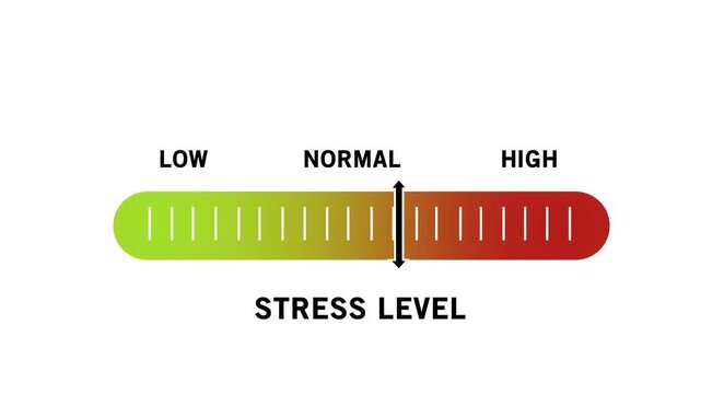 Dynamic stress level indicator gauge animation featuring a moving slider moving from low to normal and risk zones for corporate health, mental wellness, workplace burnout, and psychological analysis