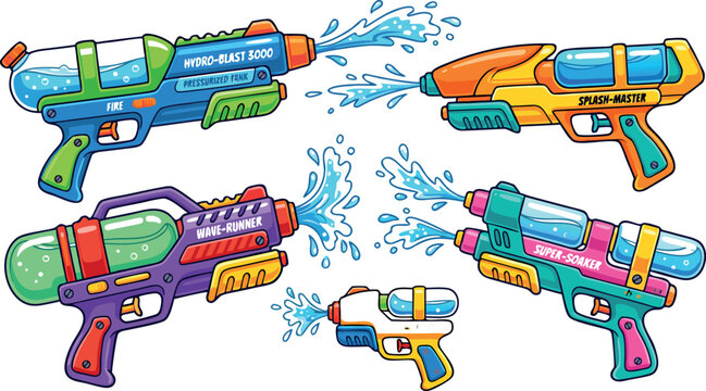 Colorful water gun icon set vector illustration featuring plastic blaster toys super soakers splashing water streams for summer beach backyard pool party designs