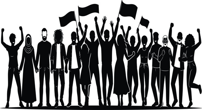 Silhouette of a diverse group of people cheering and waving flags for protest or celebration