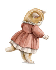 Watercolor vintage cat kitten in blue pajamas stands on its hind legs paws with its back to the viewer isolated on white background. Hand drawn illustration sketch