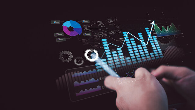 Business strategist evaluates business performance, financial analytics, interactive dashboard, data visualization, market trends, business intelligence, growth forecasting to drive smarter decisions.