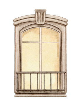 Vintage cartoon cute window frame viewed from outside with yellow light and balcony railings isolated on white background. Watercolor and pencil hand drawn illustration sketch