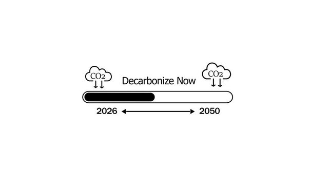 Animated progress bar representing global decarbonization goals from 2026 to 2050 with co2 emission reduction for climate change awareness and environmental sustainability corporate presentations
