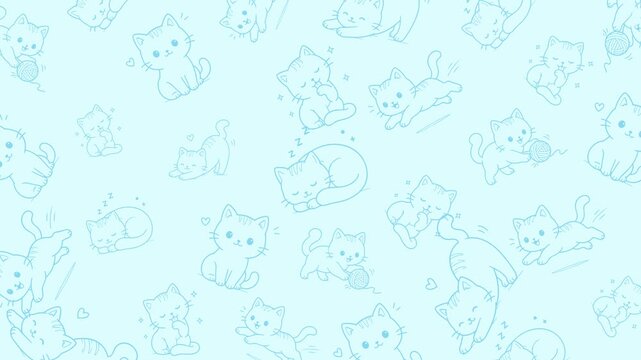 Cute kitten doodle with yarn ball, hearts and sparkles, seamless loop pattern in cyan monochrome tone. Playful, sleeping poses, hand-drawn line art.