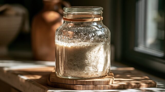 Ground level close up of a glass sourdough starter jar rising with active bubbles on a kitchen counter, captured with soft natural light and generous copy space