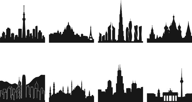 Silhouette collection of famous world city skylines featuring international capitals, iconic architecture, and global landmarks.
