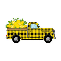 Yellow plaid vintage pickup truck loaded with fresh ripe lemons for summer harvest design Vector © azad