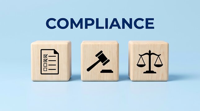 Compliance and regulatory guidelines concept with wooden blocks. Business governance and legal rules symbols for corporate policy and risk management.