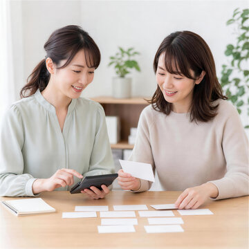 テーブルで企画カードを整理する日本人女性2人
