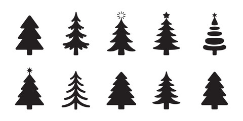 Obraz premium Set of black christmas trees icon vector isolated on transparent background. winter holiday symbols.