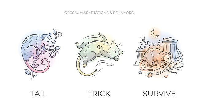 Clean minimal vector line-art infographic icon set featuring an opossum climbing, an opossum playing dead, and an opossum foraging through detailed backyard debris lines under a moon.
