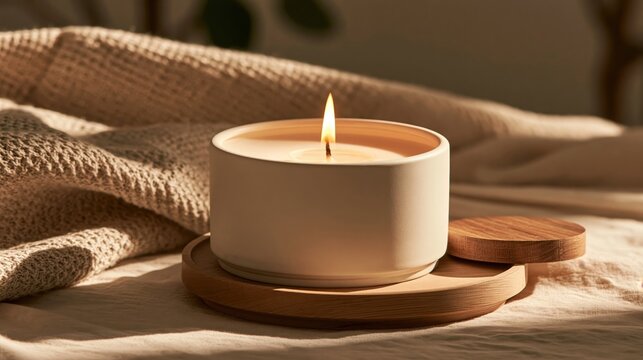 Luxury soy candle in a matte ceramic jar with a soft flickering flame casting warm evening light, framed in warm cinematic light with plenty of negative space