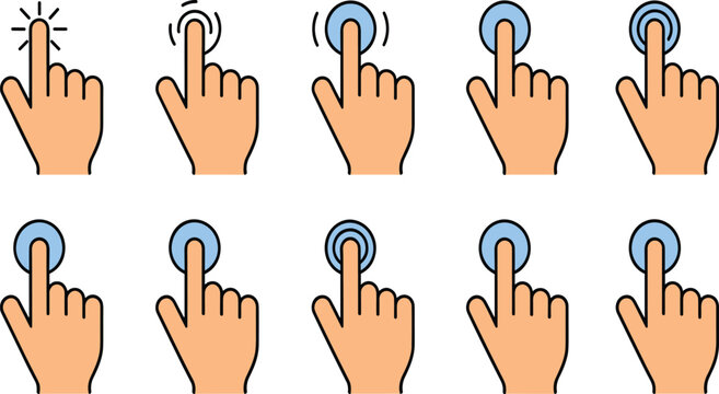 Touch Screen Hand Gestures Vector Icons Set with Clicking Tapping and Double Click Action Symbols for Mobile App UI Design