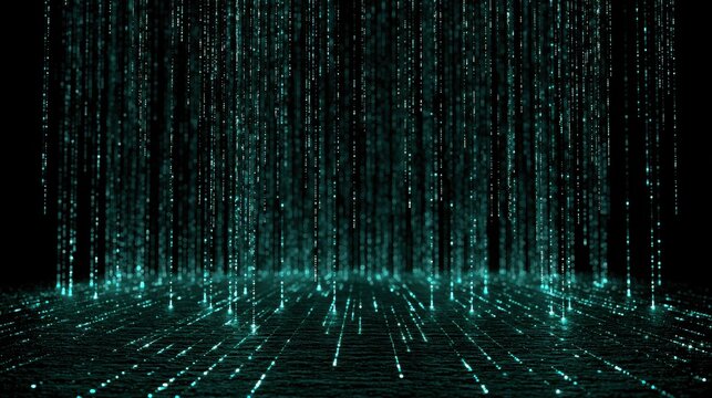 Glowing digital matrix curtain on dark background