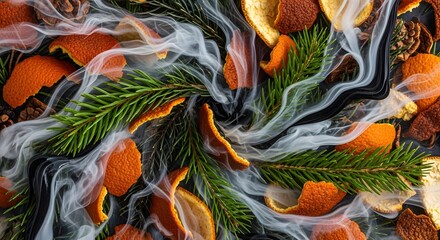 Fototapeta premium Dried orange peels and pine needles with swirling smoke creating a festive aroma concept