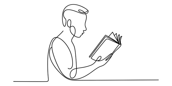 Young man reading a book continuous single line drawing art style