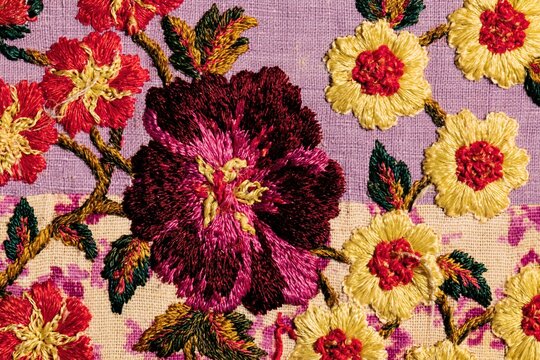Traditional floral embroidery on lilac fabric featuring a large dark red bloom and yellow flowers for textile and heritage design concepts