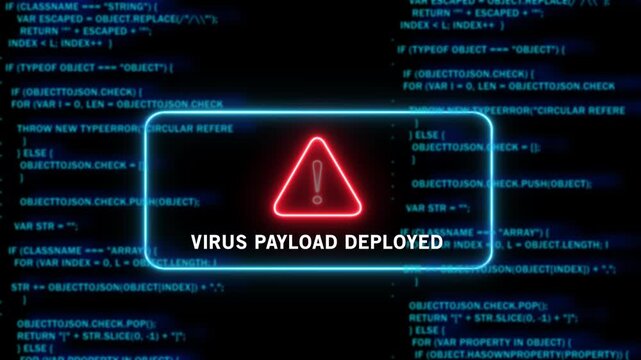 Cybersecurity warning alert featuring a glowing red warning triangle and the text virus payload deployed over a dark background, with scrolling blue, computer programming code, and digital software