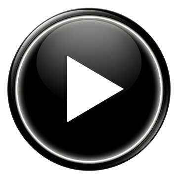 Glossy black play button icon featuring a simple white triangle symbol isolated on a clean white background for digital media