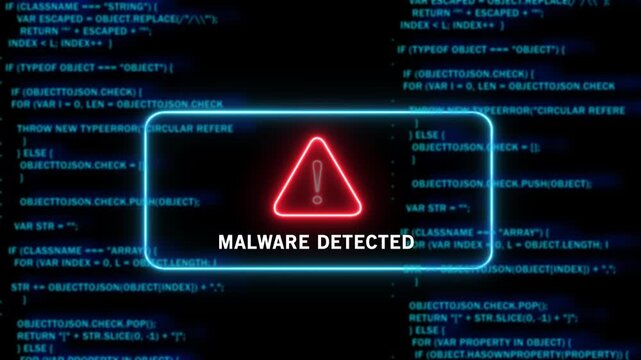 Cybersecurity warning alert featuring a glowing red malware detected notification symbol overlaid on scrolling blue digital programming source code background, for advanced network, protection 