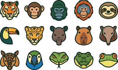 Fototapeta premium Set of wild animal face vector flat illustration featuring various jungle creatures and exotic species for design projects