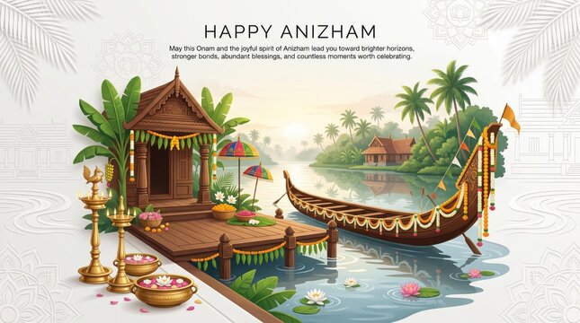 Traditional kerala house and snake boat on a riverbank, featuring brass oil lamps, banana leaves, and floral decorations for the anizham festival celebration