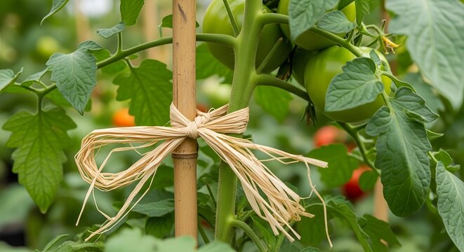 Green tomato plant stem tied to bamboo stake with raffia twine in garden during daytime