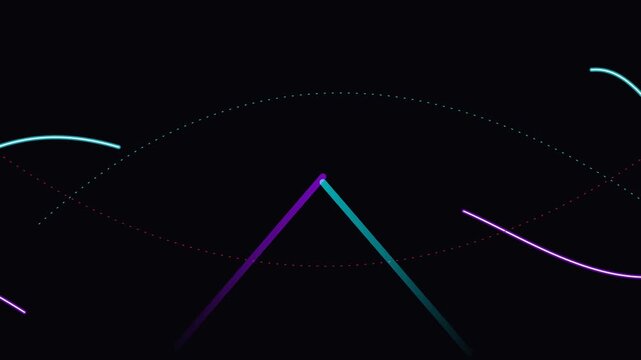 Futuristic neon light trails forming abstract arrow. Dynamic glowing vector motion graphics for high-tech design.