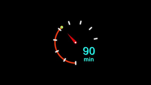 90 Min clock icon animation. 90 minute animation on black background and creating a stunning 4k video.