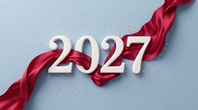 Elegant 2027 new year celebration design white three dimensional numbers overflowing red silk fabric ribbon with blue background sprinkled sprinkled gold glitter
