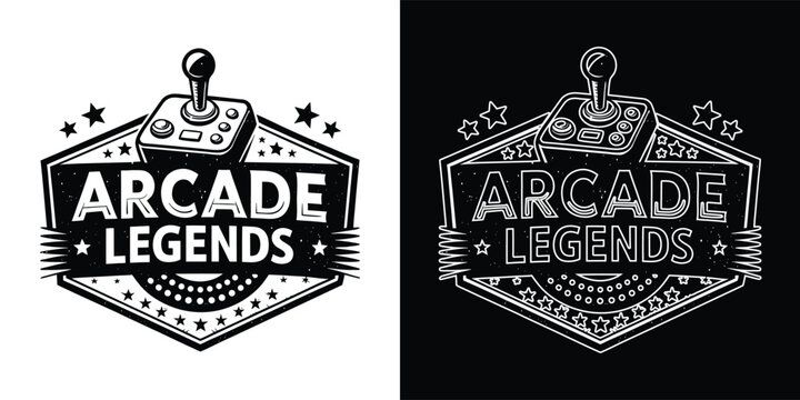 Vintage arcade legends logo design featuring joystick and retro star icons