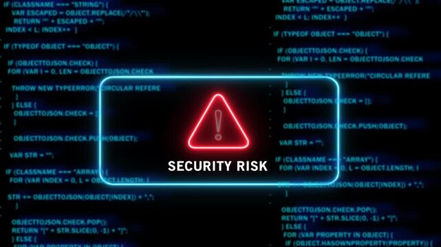 Cyber security risk warning alert displaying glowing red warning triangle over scrolling blue computer programming code background, for digital data, protection and information, technology safety