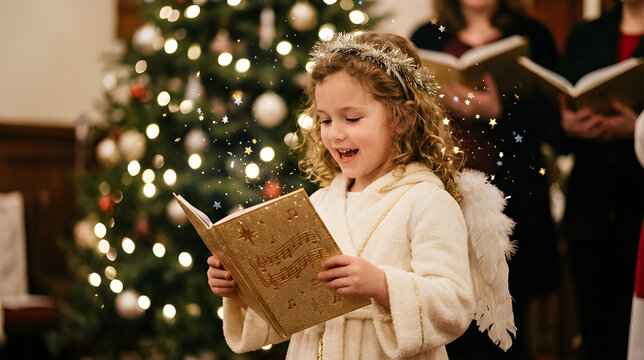 Sweet little angel singing Christmas carols while holding a golden music book, sparkling stars floating around, joyful holiday expression.