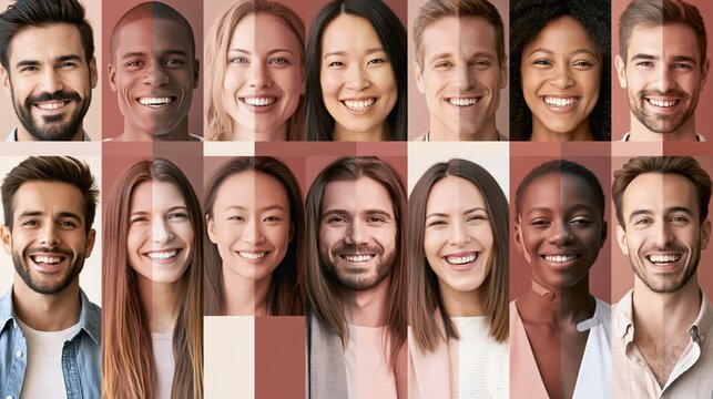 Tiled collage of diverse smiling people in vertical color-washed panels with muted mauve and rose brown tones for recruitment and inclusion