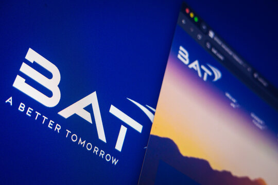 Raleigh, North Carolina - August 2, 2026: BAT logo beside British American Tobacco website on a screen