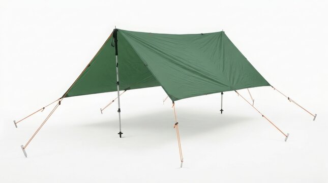 Green camping tarp shelter set up for outdoor protection with adventure protection bushcraft survival landscape vacation recreation equipment flysheet temporary lightweight mountains