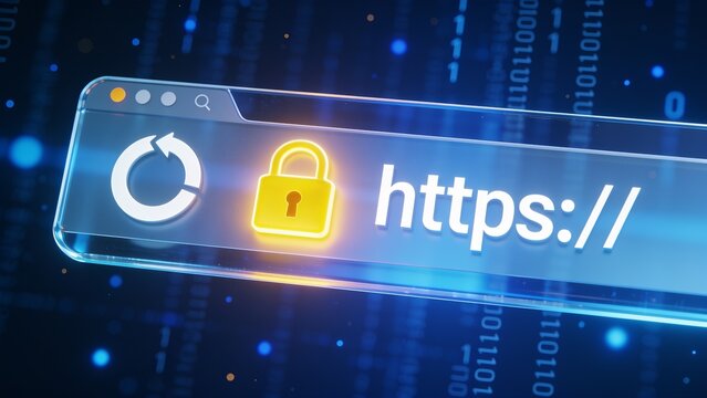 Modern secure HTTPS website connection symbol with glowing padlock icon on digital interface