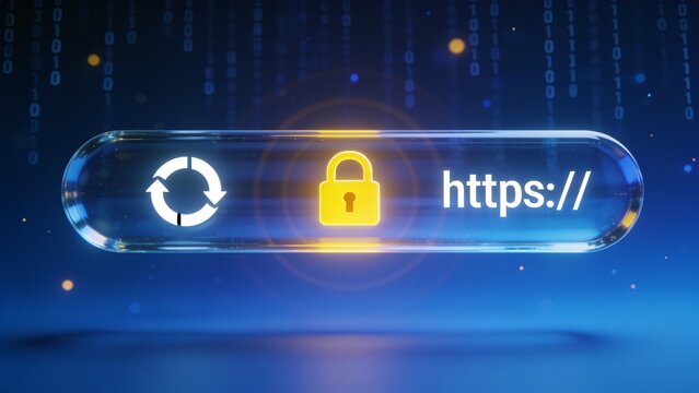 Modern secure HTTPS web browser icon with lock symbol glowing on digital data network background