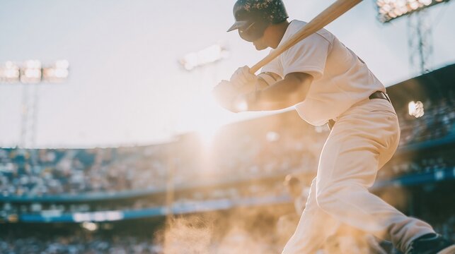 A baseball player in a white uniform stands poised at home plate, illuminated by bright stadium lights during a dramatic sunset game for sports media