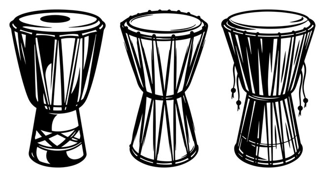 Indian percussion drums dholak and tabla instruments in hand drawn engraving style